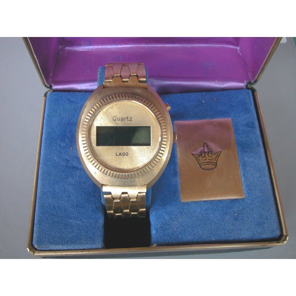Vintage Lago Gold-Tone Quartz Digital Watch With Box 70,s